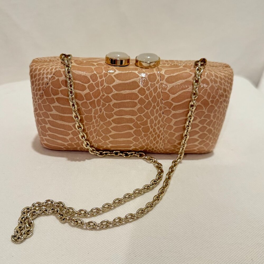 Sondra Roberts Nude Embossed Clutch with Pearl Closure